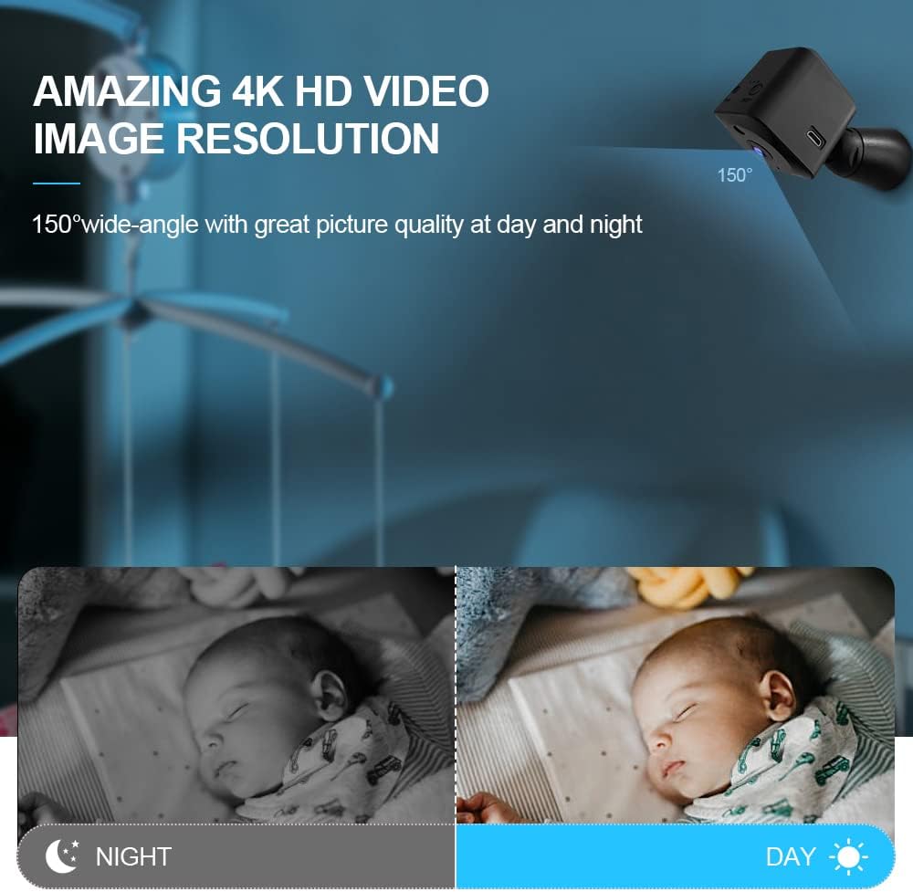 Draadloze 4K wifi mini camera, perfect voor eenvoudige installatie en live streaming van binnenruimtes.