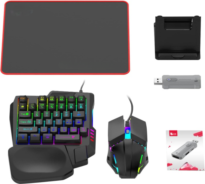 RGB gaming toetsenbord en muis set met adapter. Perfect voor pc gaming en mobiel gamen, snelle actie, ergonomisch design.