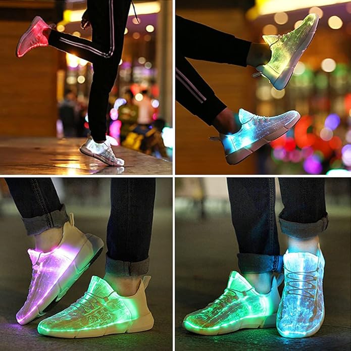 Unisex Orion LED sneakers gedragen op een festival, met heldere lichteffecten, dé mode sneakers.
