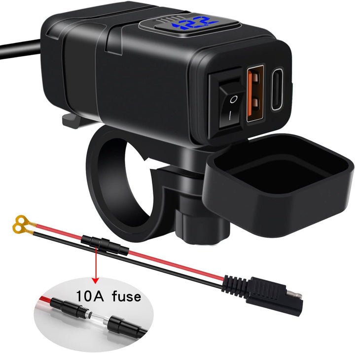 Drayvik motorfiets gadget: USB & Type-C oplader met real-time voltmeter voor veilige stroommonitoring.