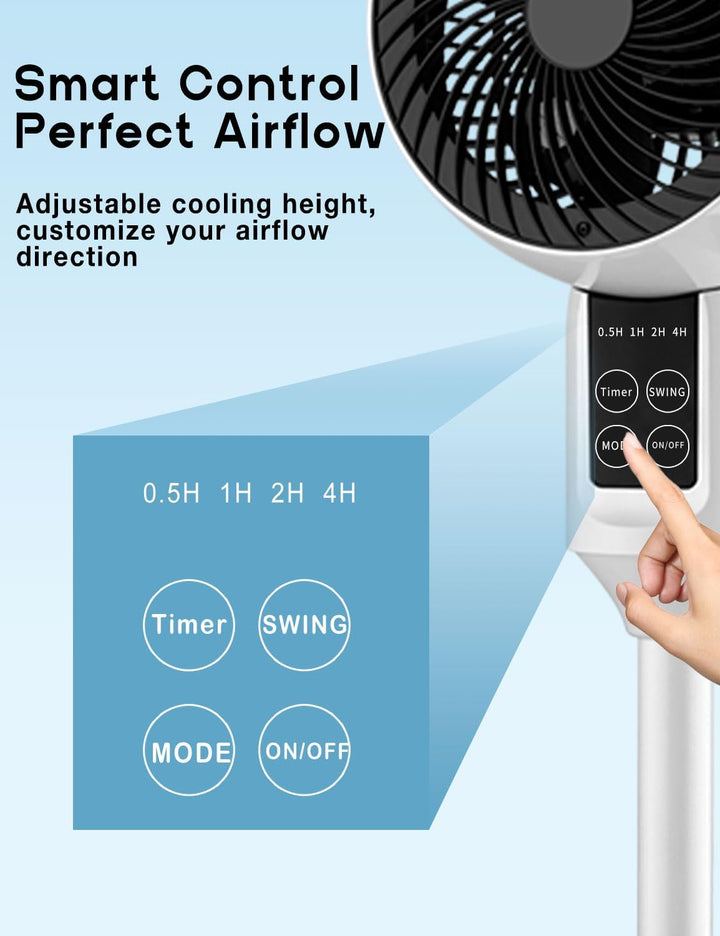 Moderne Aerion verstelbare staande ventilator, strak design met 3D-oscillatie, perfect voor elk interieur.