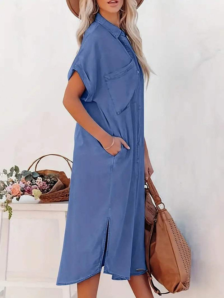 Comfortabele zomerjurk voor dames, perfect voor dagelijks gebruik of vakantie; heeft korte mouwen en een luchtige stof.