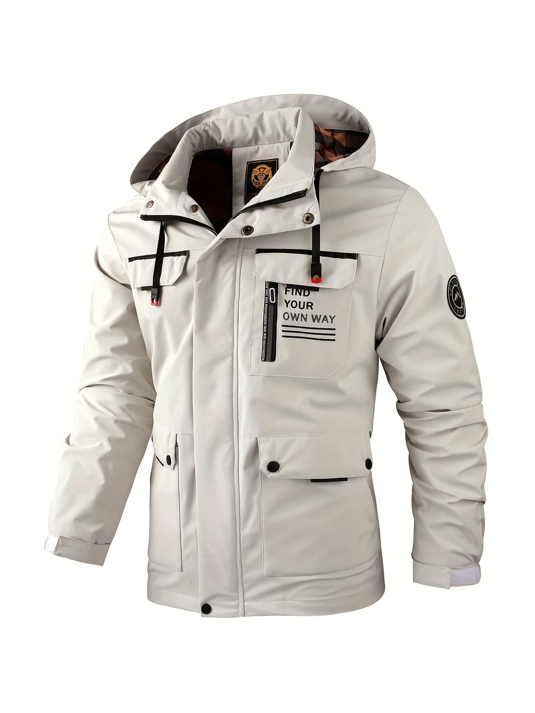 Achterkant heren waterdichte winterjas met capuchon. Ideaal voor winddichte bescherming tijdens outdoor avonturen.