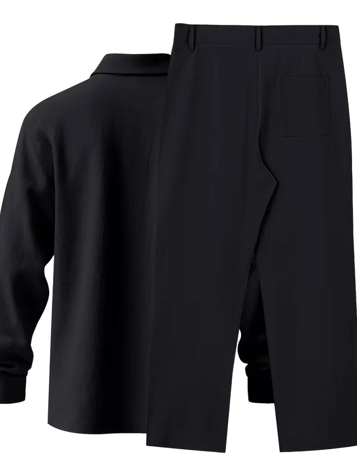 Heren smart-casual linnen outfit: mandarijnkraag overhemd en broek, lichtgewicht en stijlvol.