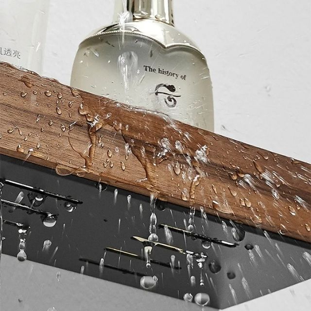 Modern massief houten wandrekje voor badkamer, boren overbodig. Eenvoudig accessoires en decoratie plaatsen.