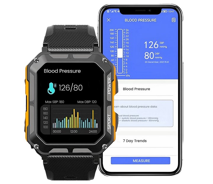 Stoere heren smartwatch met duurzaam siliconen bandje en robuuste behuizing. Multifunctioneel en waterdicht.