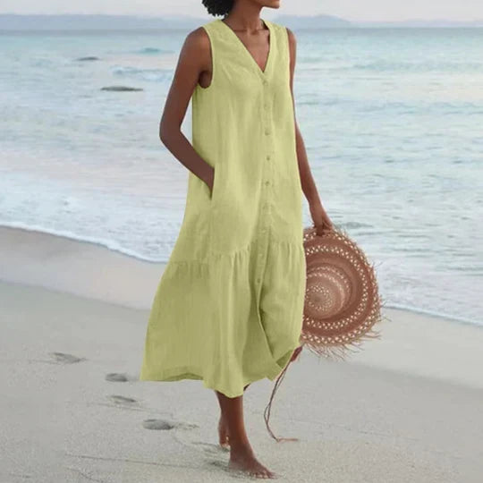 Comfortabele effen casual lange damesjurk (CJ26) ideaal voor zomerse dagen, strand of vakantie.