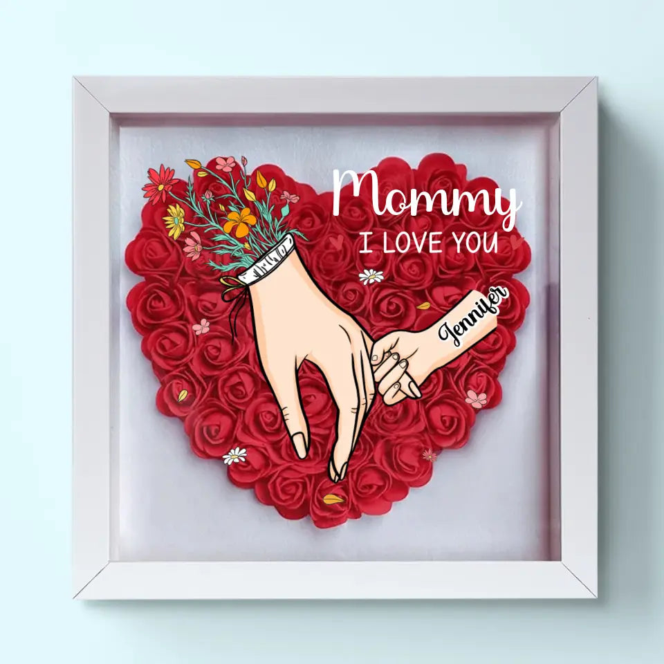 Schaduwbox met namen en bloemen: uniek gepersonaliseerd cadeau voor mama, perfect als interieur decoratie.