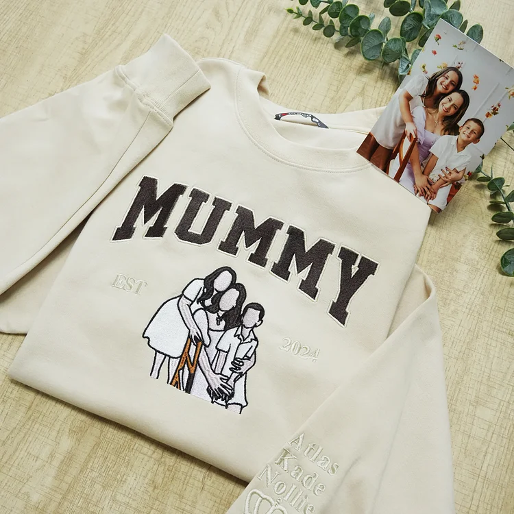 Stijlvolle DadStitch unisex hoodie met geborduurde foto, speciaal gemaakt voor papa.