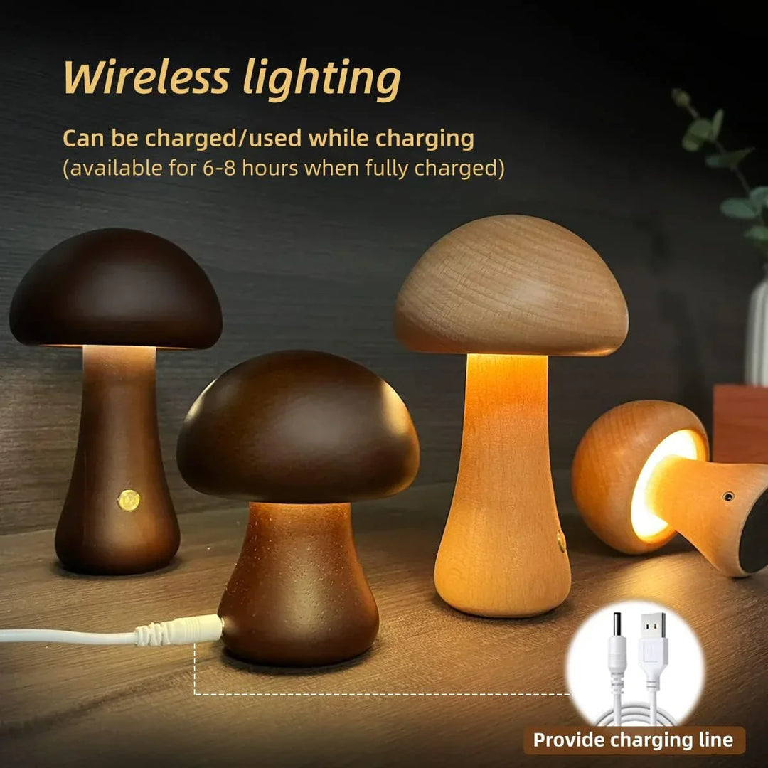 Kindvriendelijk LED nachtlampje, houten paddenstoel design perfect voor een gezellige slaapkamer.