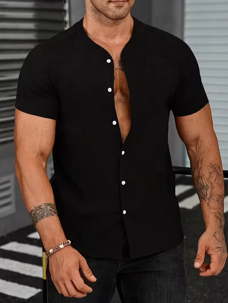 Elegant heren mandarijnkraag shirt, perfect voor smart casual outfits. Combineert comfort en stijl.