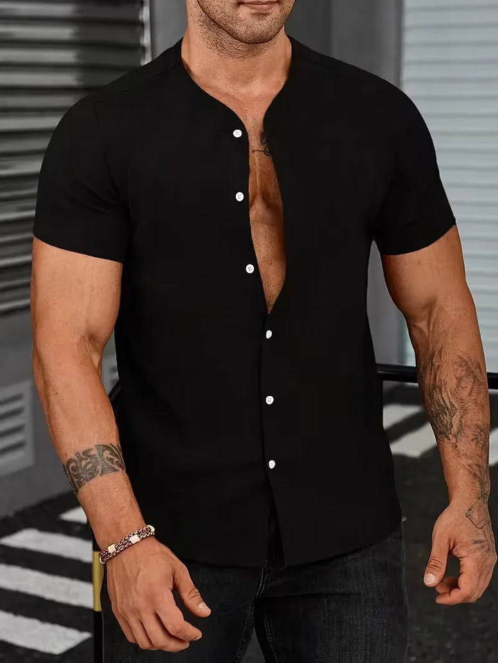 Elegant heren mandarijnkraag shirt, perfect voor smart casual outfits. Combineert comfort en stijl.