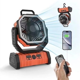 Compacte oplaadbare camping ventilator met powerbank en heldere LED noodverlichting voor outdoor en kamperen.