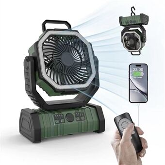 Draagbare ventilator met ingebouwde powerbank en dimbare LED verlichting. Perfect voor buitenleven en kamperen.