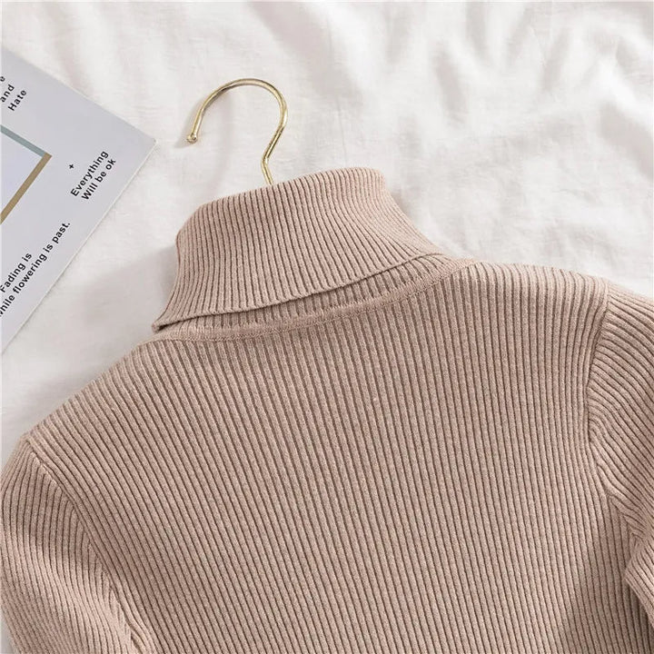 Stijlvolle gebreide dames trui, een maat. Warme coltrui voor herfstmode.