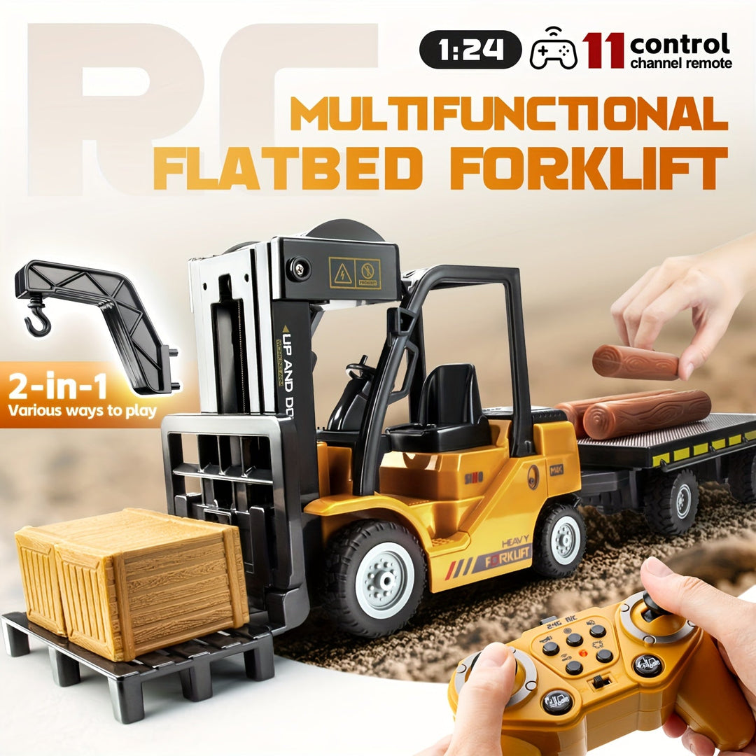Stevige afstandsbediening heftruck 1:24 voor uren speelplezier; inclusief aanhanger.