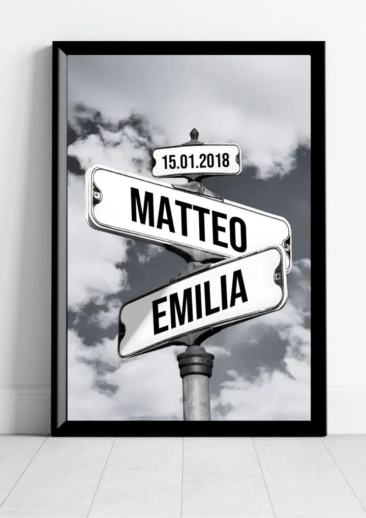 Unieke straatnaambord poster als gepersonaliseerd cadeau voor koppels, jubileum of Valentijnsdag.