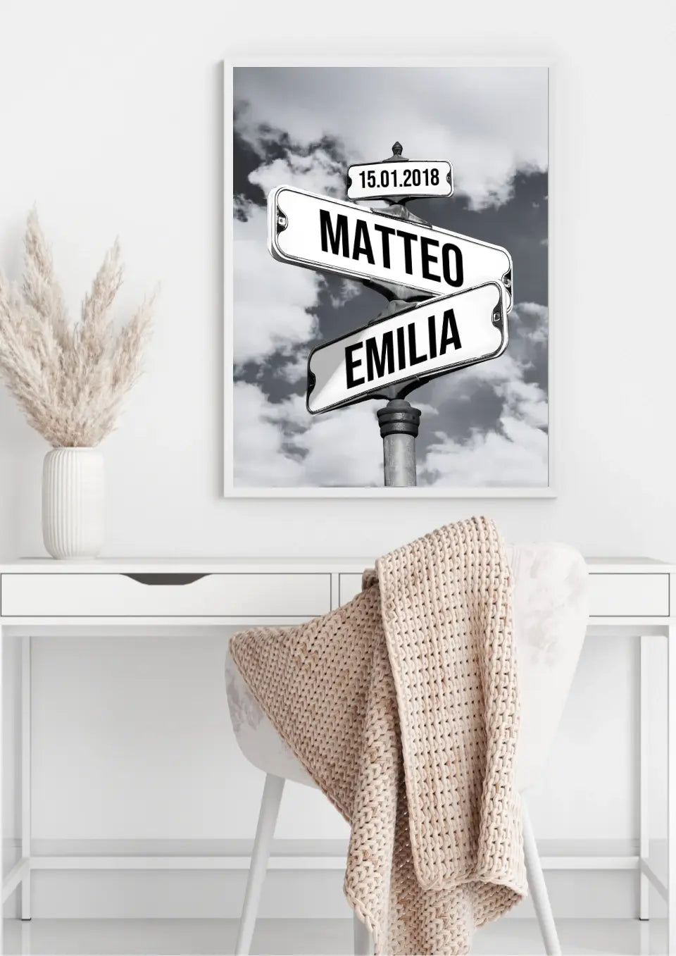 Stijlvolle poster met twee gepersonaliseerde straatnaamborden, mooie huisdecoratie voor verliefde stellen.