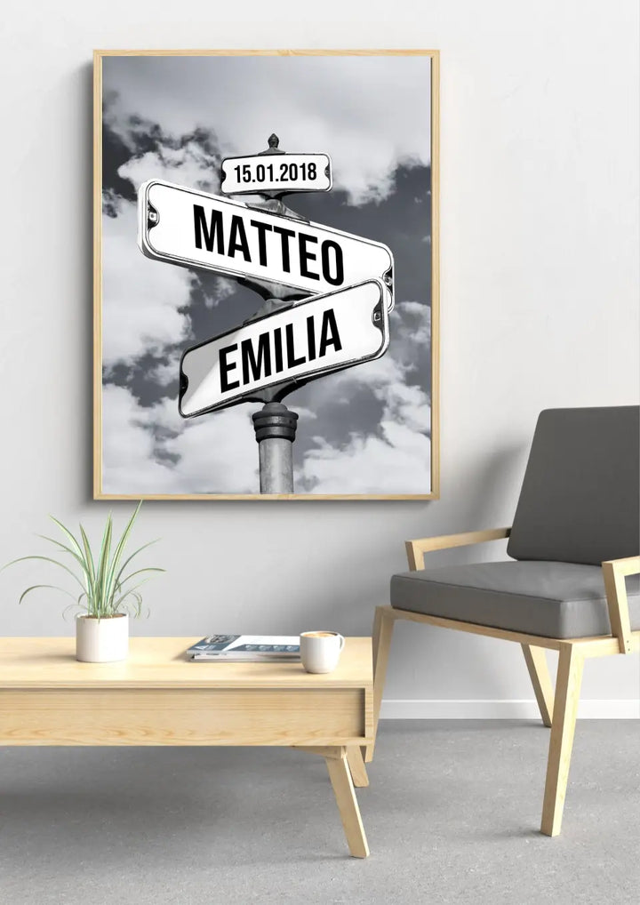 Geef een gepersonaliseerde straatnaambord poster als origineel cadeau voor koppels, unieke muurdecoratie.
