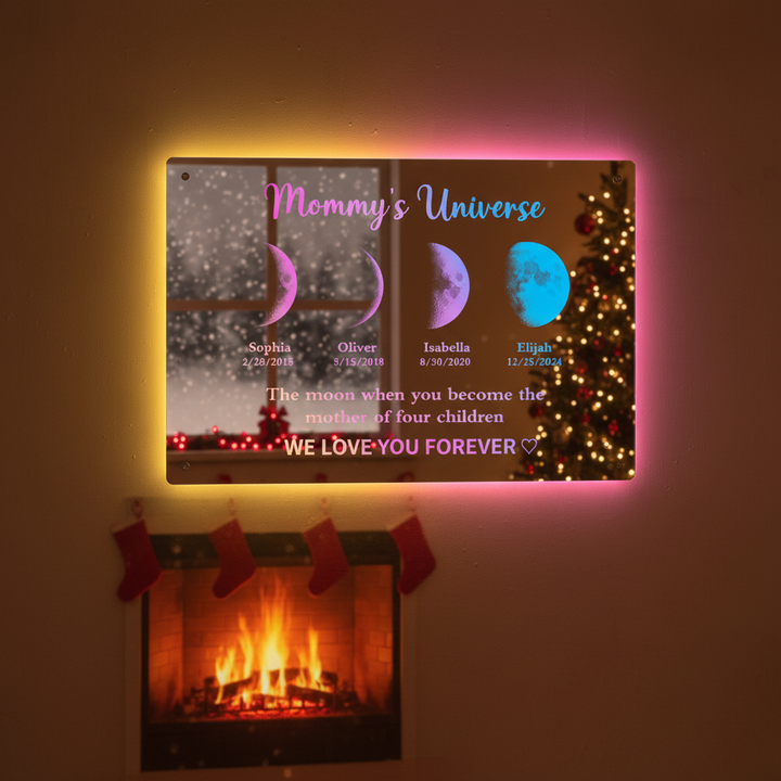Cadeau: gepersonaliseerde LED spiegel met maanfase en speciale datum, perfect voor moeder als wanddecoratie.