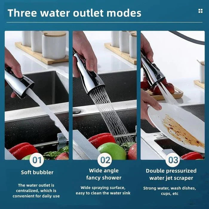 Keuken kraankop met 3 sproeistanden en 360° rotatie; perfecte keukenhulp voor effectief schoonmaken.