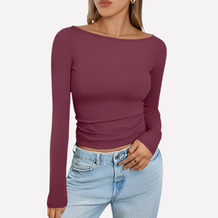 Stijlvolle boothals top voor vrouwen; lange mouwen, slanke pasvorm, ideaal voor zowel casual als zakelijk.