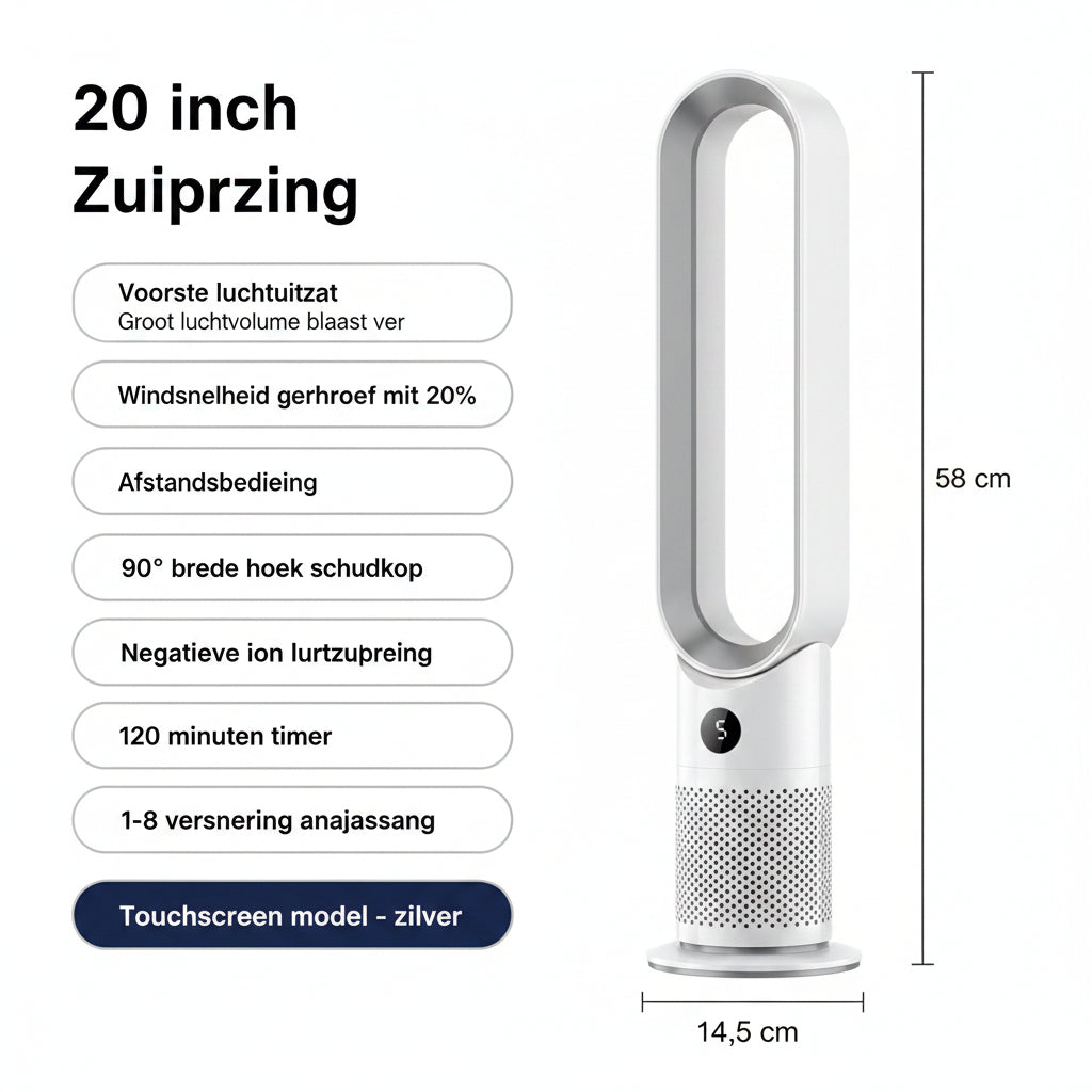 Geniet van schone lucht en stille verkoeling met de bladeloze torenventilator CJ26, modern en comfortabel.