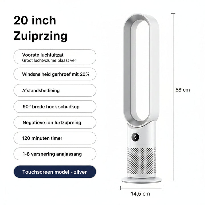 Geniet van schone lucht en stille verkoeling met de bladeloze torenventilator CJ26, modern en comfortabel.