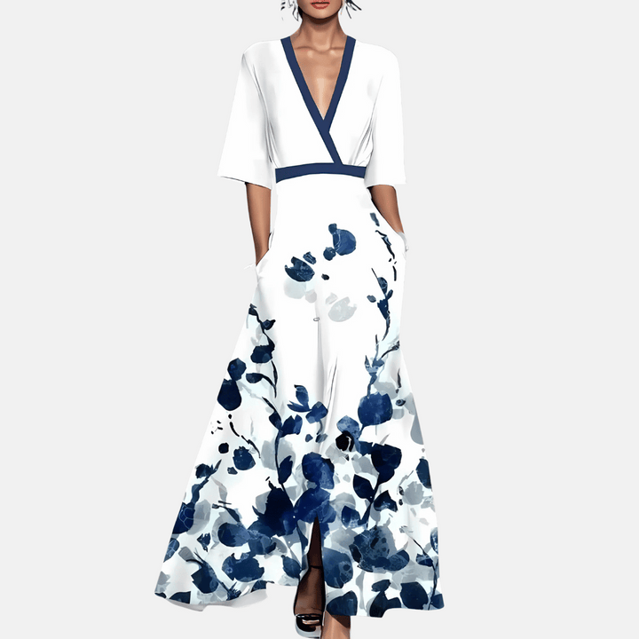 Stijlvolle dames maxi-jurk met bloemenprint en v-hals, de perfecte elegante zomerjurk voor elke gelegenheid.