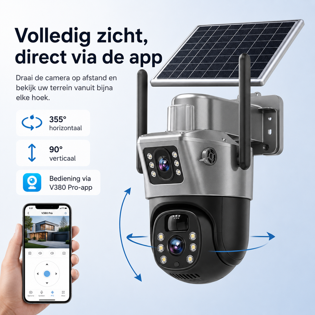 Complete 4K draadloze bewakingscamera set met zonnepaneel, 360° zicht en slimme detectie.