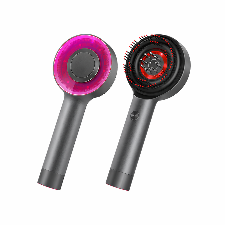 Detail van de ergonomische hoofdhuidborstel met rood licht therapie, voor comfortabele hoofdhuidmassage.