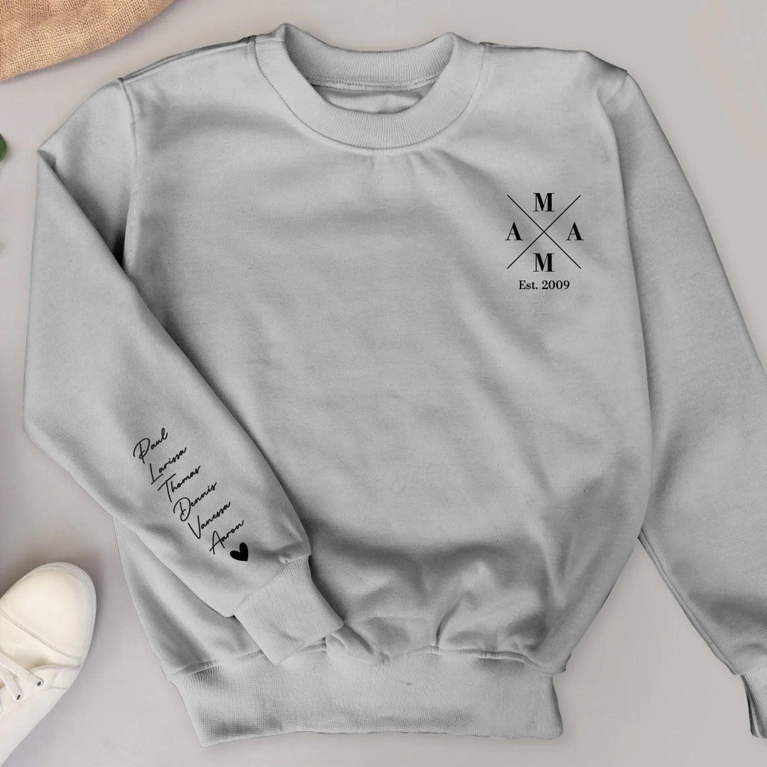 Elegante gepersonaliseerde dames sweater, namen op mouw, tijdloos cadeau.