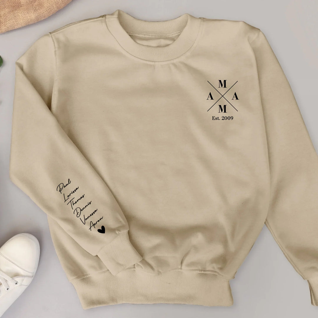 Unieke dames trui met gepersonaliseerde namen op de mouw, perfect voor mama.