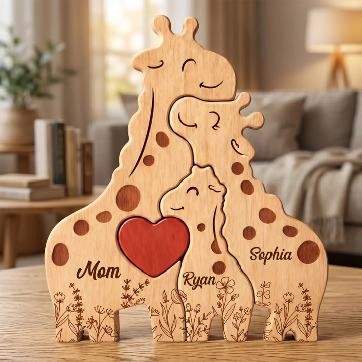 Gepersonaliseerde houten giraffe puzzel, ideaal voor familieplezier en als uniek woondecoratie.
