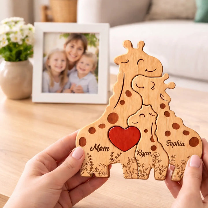 Unieke houten giraffe puzzel, handgemaakt en personaliseerbaar, als eyecatcher in elk interieur.