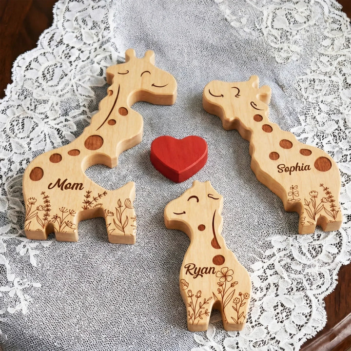 Familie houten kunst puzzel: giraffe met gepersonaliseerde namen voor verbinding en samenzijn.
