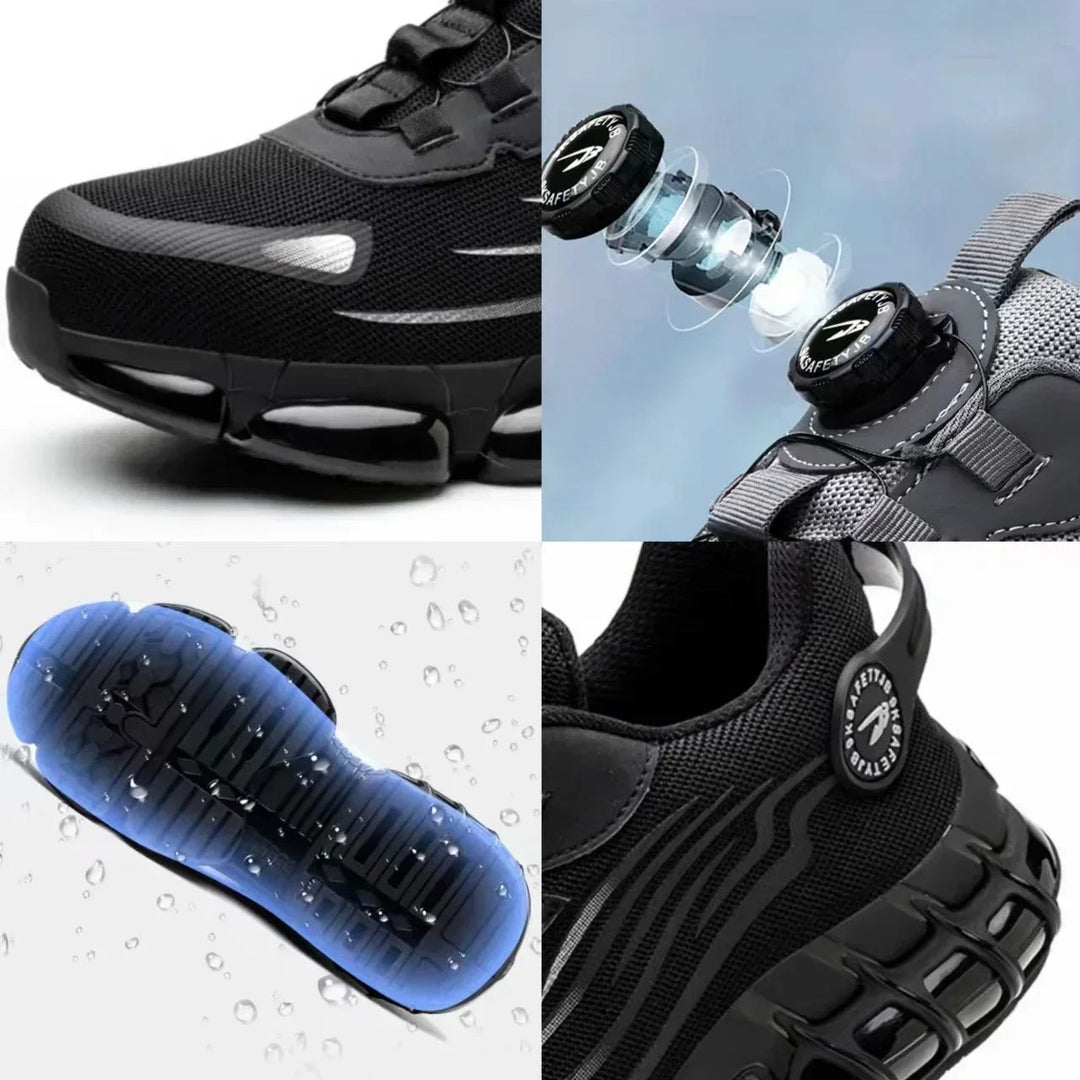 Persoon draagt de ademende veiligheidssneakers met stalen neus, ervaart comfort en bescherming.