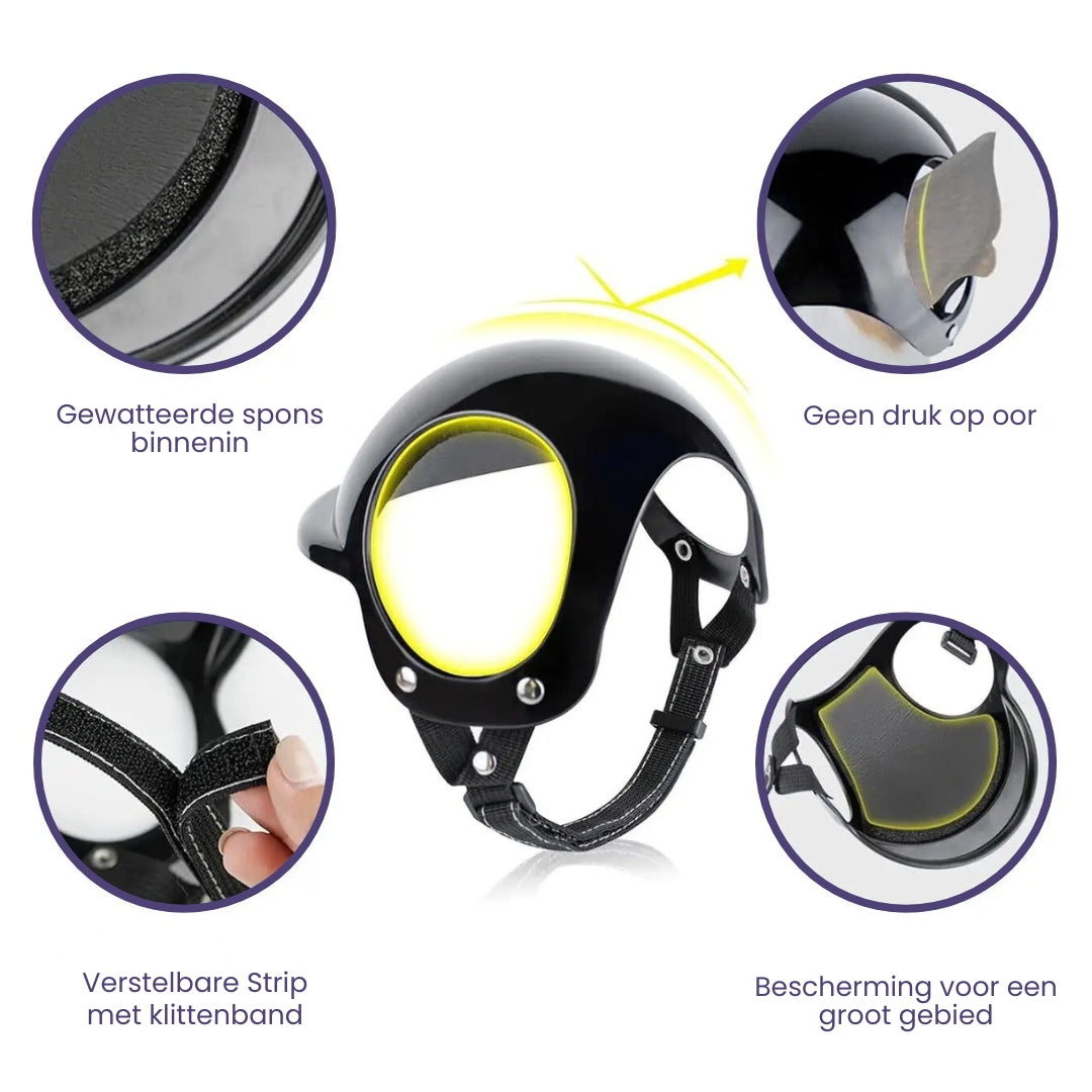 Roze RiderPaw hondenhelm en bril voor stijlvolle en veilige motoravonturen. Beschermende accessoires voor huisdieren.