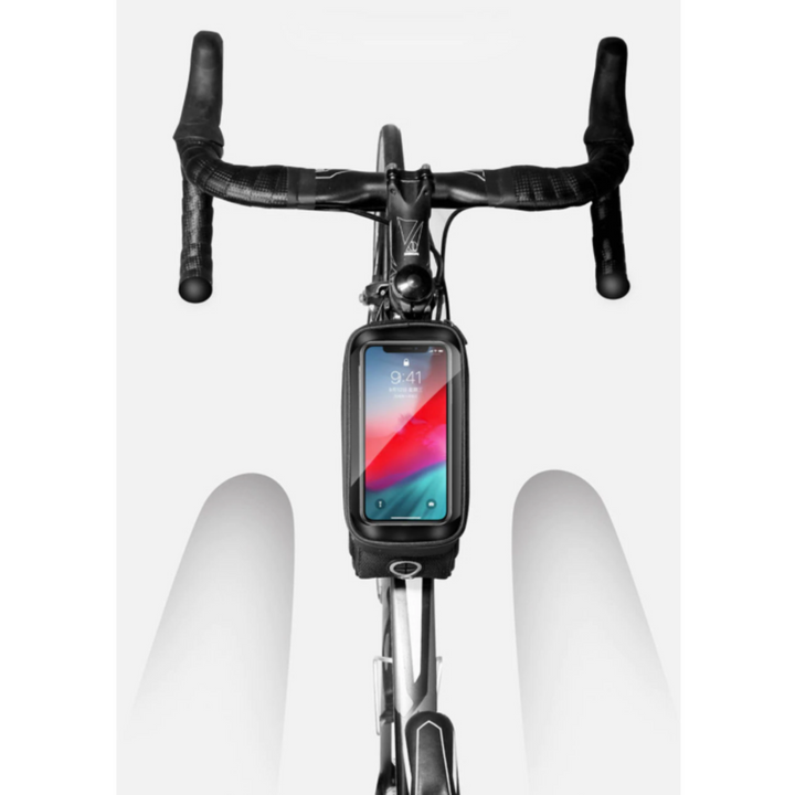Robuuste zwarte frametas met touchscreen-compatibele telefoonhouder, essentieel waterdicht fietsaccessoire.