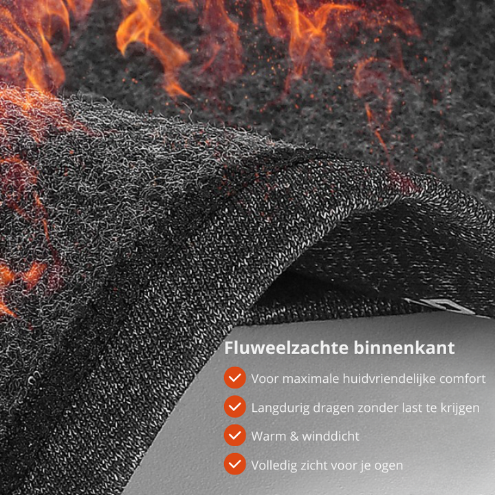 Winddichte wintermuts met volledige gezichtsbescherming, geschikt voor extreme weersomstandigheden.