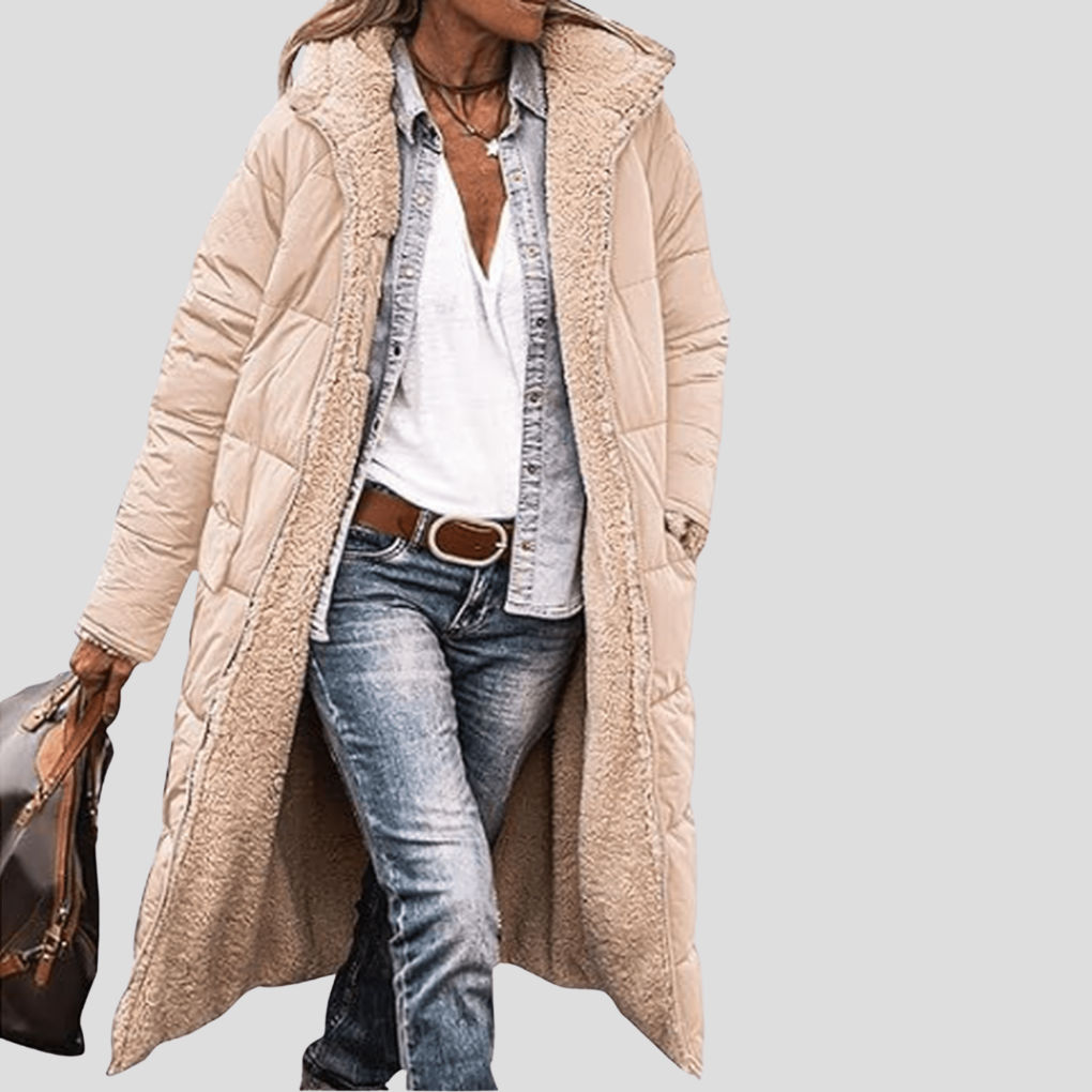Dames omkeerbare lange jas voor winter, met capuchon en teddy voering voor extra warmte.