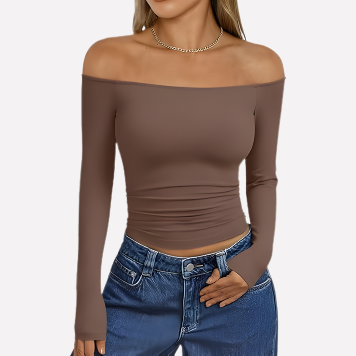 Casual en chique off-shoulder damestop met lange mouwen, gemakkelijk te combineren voor diverse stijlen.
