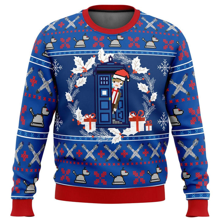 Feestelijke blauwe TARDIS kersttrui, unisex model, met Doctor Who logo. Comfortabele Whovian trui.