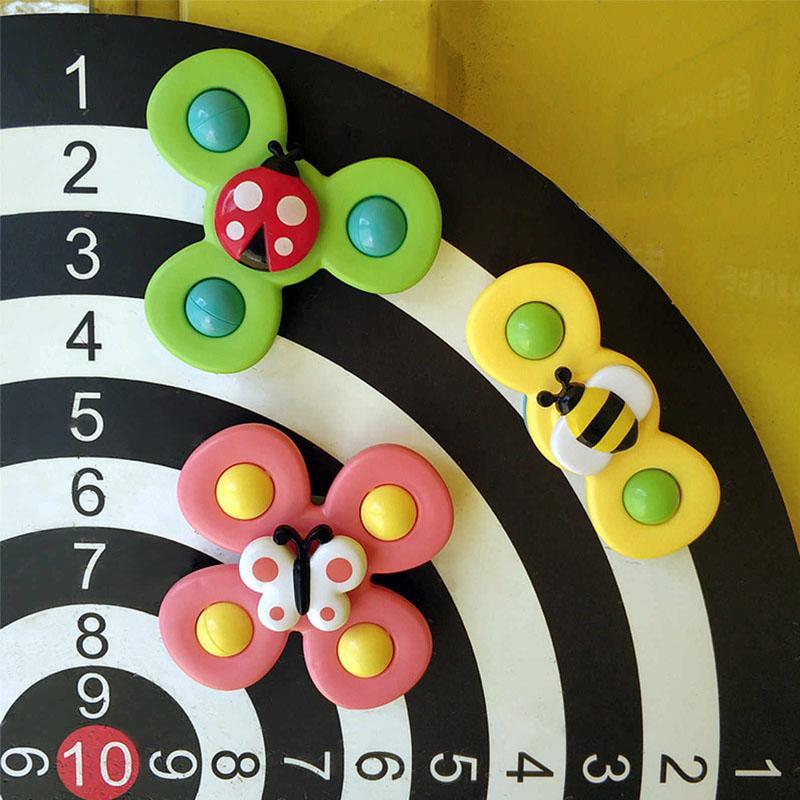 Set van 3 kleurrijke baby spinners met zuignap voor fijne motoriek en zintuiglijke ontwikkeling.