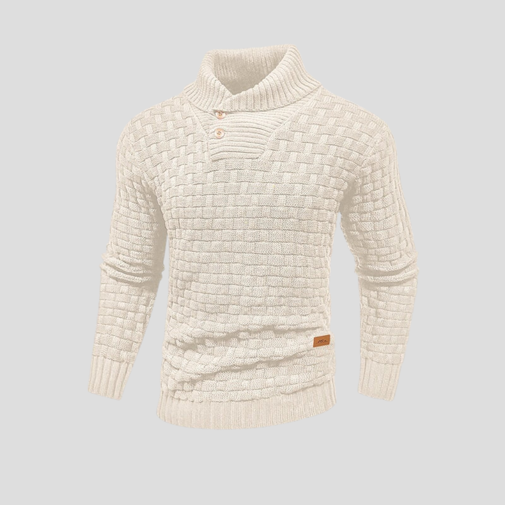 Warme gebreide herentrui met halve kraag en knoopjes. Veelzijdige pullover, perfect voor koude dagen.