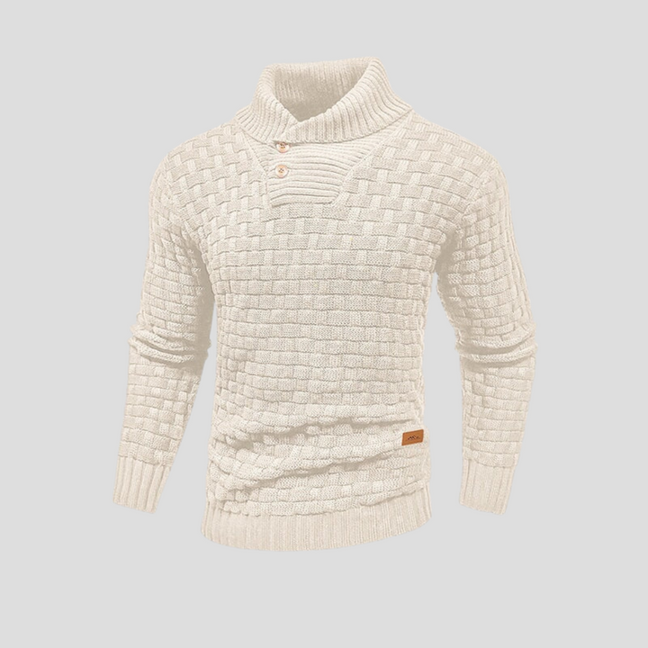Warme gebreide herentrui met halve kraag en knoopjes. Veelzijdige pullover, perfect voor koude dagen.