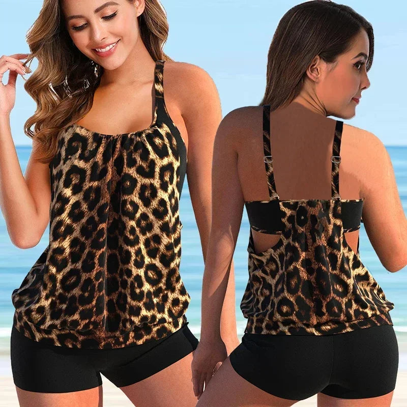Dames bloemenprint tankiniset met elegante racerback top en bijpassend boyshort zwembroekje.