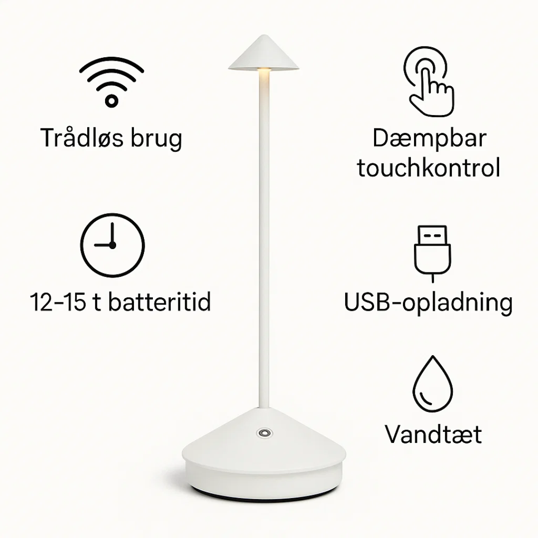 Grijze draadloze ClarityGlow tafellamp, waterdicht en dimbaar, voor flexibele binnen- en buitenverlichting.