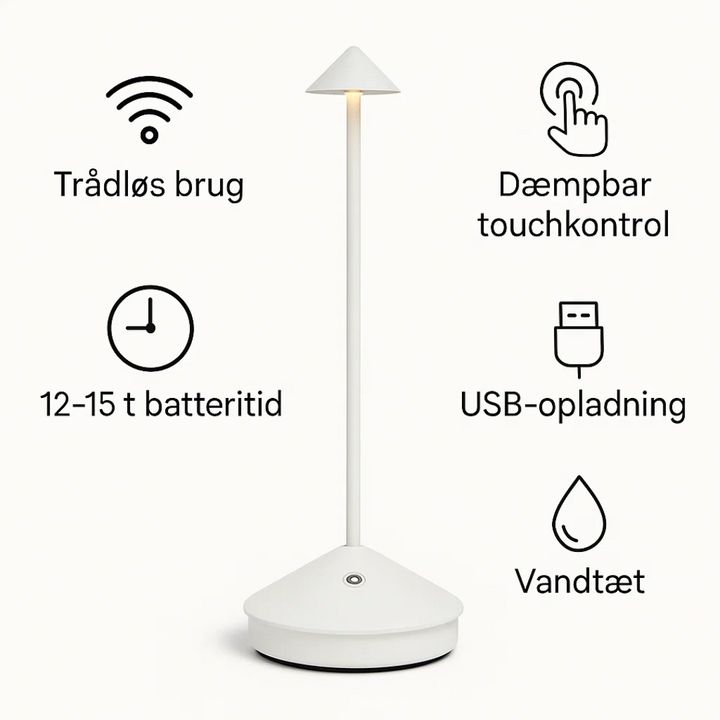 Grijze draadloze ClarityGlow tafellamp, waterdicht en dimbaar, voor flexibele binnen- en buitenverlichting.