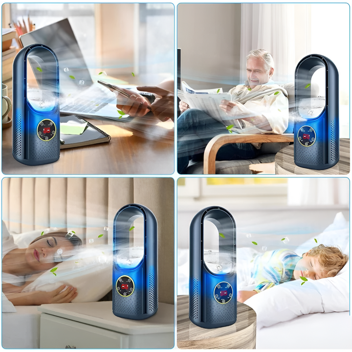 Energiezuinige stille bladloze ventilator. Witte torenventilator met efficiënte luchtstroom voor koeling.
